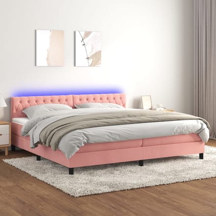 vidaXL - Boxspring - met - matras - en - LED - fluweel - roze - 200x200 - cm