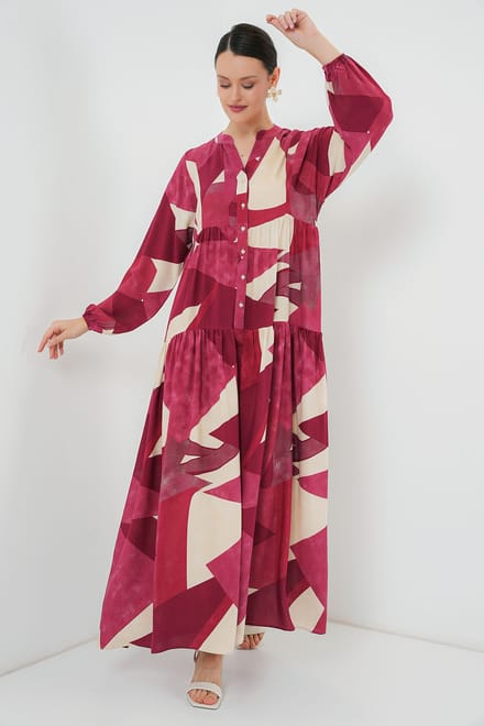 Geprinte V-hals Maxi-jurk met knoopsluiting