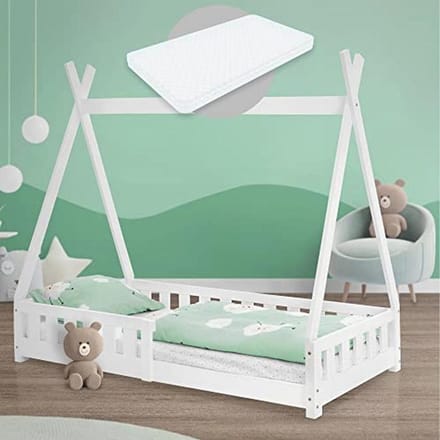 Kinderbed tipi - Huisbed speelbed - Kinderslaap creëren - Inclusief matras valbeveiliging - 80x160 cm - Wit