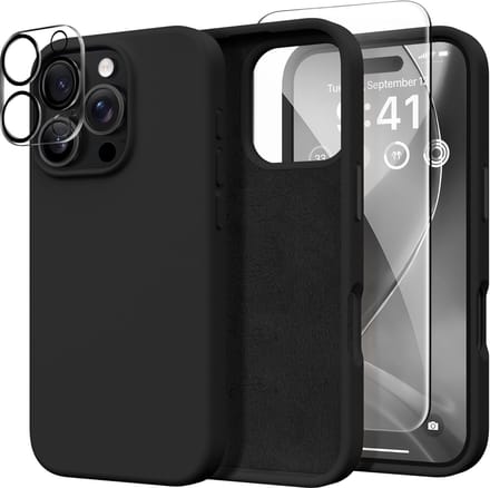 Solid hoesje Soft Touch Liquid Silicone Flexible TPU Rubber + Screenprotector - Camera Lens - Geschikt voor: iPhone 16 Pro Max - Zwart