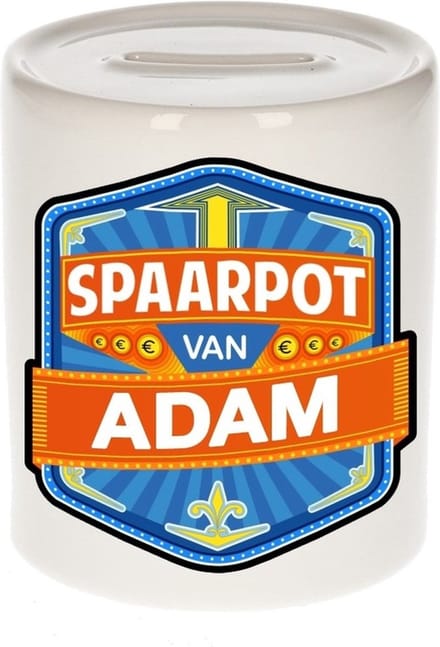 Bellatio Decorations Kinder spaarpot met naam - Adam - keramiek - met dop - wit - Sparen - Spaargeld van Adam