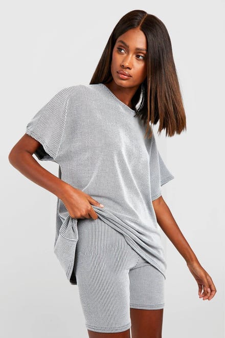 boohoo Dames 2 Tone Rib Oversized T-shirt & Cycling Short Set | Grijs | Maat: 36