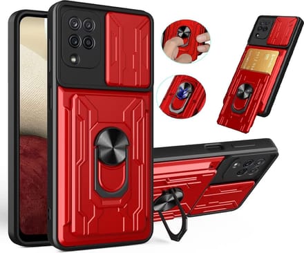 Hoesje Geschikt Voor Samsung Galaxy A12 hoesje met Ring houder - camera lens protector en pashouder – Rood