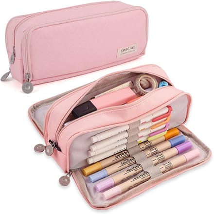 Grote capaciteit etui voor pennen, 3 compartimenten, multifunctionele pennenzak voor meisjes, jongens, school, student, kantoorbenodigdheden, organizer roze