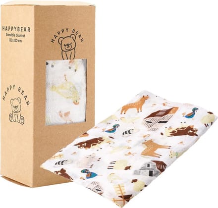 HappyBear - Hydrofiele swaddle doek – Boerderij | 120cm x 120cm | Inbakerdoek