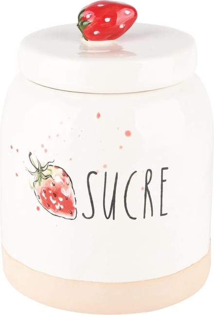 Dekoratief | Bewaarpot 'Sucre' m/aardbeien, wit/rood, keramiek, 12x12x16cm | A240795