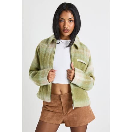 boohoo Dames Wool Look Check Jas | Green | Maat: 10
