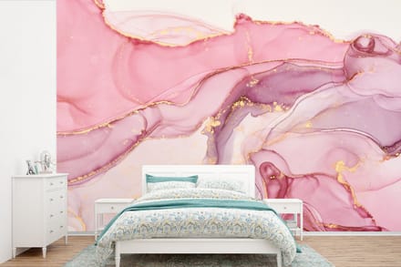 Behang - Fotobehang Goud - Marmer - Roze - Breedte 420 cm x hoogte 280 cm