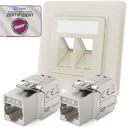 2-poorts CAT 8 netwerkcontactdoos inbouw met Keystone RJ45 module - Max. 40 Gbit/s STP - Zuiver wit
