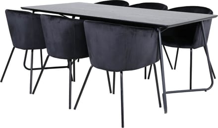 PippiBL eethoek eetkamertafel zwart en 6 Berit eetkamerstal velours zwart.