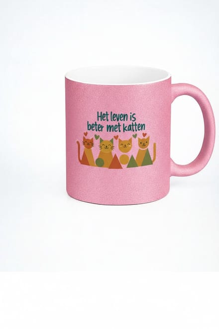 Roze Glitter Mok - Het Leven is Beter met Katten - Cadeau voor Kattenliefhebbers