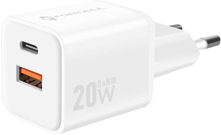 Forcell, GaN III Oplader 20W - USB-C + USB-A Poort - Mini Formaat, Wit