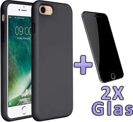 HB Hoesje Geschikt voor Apple iPhone 7 / 8 - Siliconen Back Cover / 2X Glazen Screenprotector - Zwart