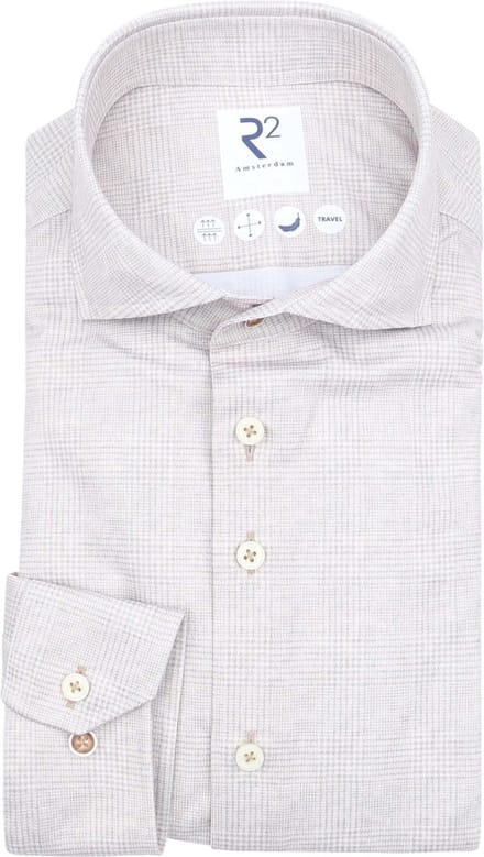 R2 Overhemd Glenchek Travel Beige - Maat 40 - Heren - Overhemden Formeel