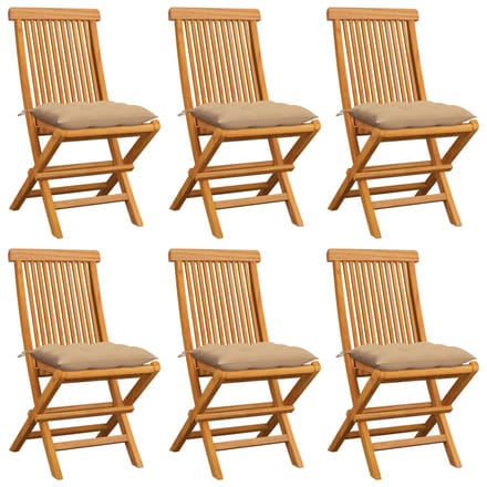 vidaXL - Klapstoelen - met - beige - kussens, - 6 - stuks, - massief - teakhout