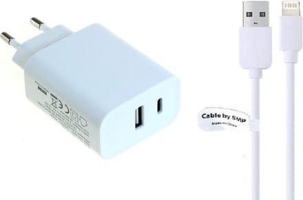 OneOne 20W Lader met USB A en C poort + 3,0m OneOne USB A naar Lightning kabel. USB C voor snelladen. Oplader adapter past op Apple iPhone 12 Pro Max, iPhone 13, iPhone 13 Mini, iPhone 13 Pro, iPhone 13 Pro Max, iPhone 14, Pro, 14 Pro Max