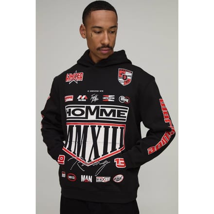 Zwarte Oversized Moto Crest Print Hoodie | Black | Size Medium