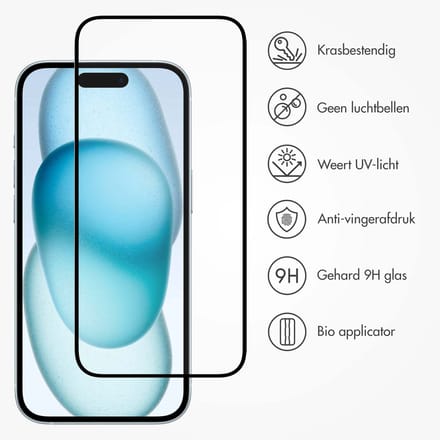 Accezz Screen Protector - Geschikt voor Apple iPhone 15 Plus - Gehard Glas Full Cover Screenprotector met Bio Applicator