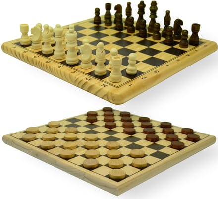 Schaak-Dam-Set hout bedrukt 29x29 cm.