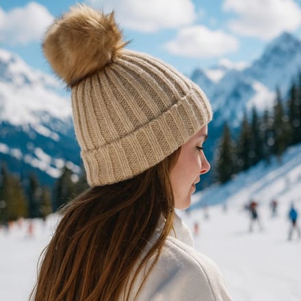 MISOU Muts - Dames - Warme - Wintermuts - met Pompon - Beige - Gestreept - Winteraccessoires - Skiën