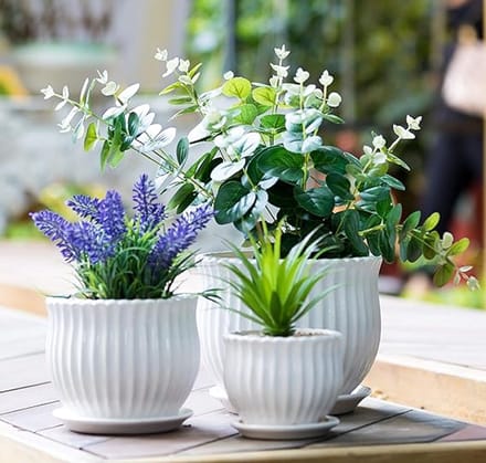 Famanu - Set van 3 moderne keramische bloempotten met strepen wit