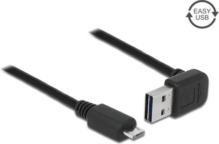 Micro USB naar Easy-USB-A haaks (boven/beneden) kabel - USB2.0 - tot 2A / zwart - 2 meter