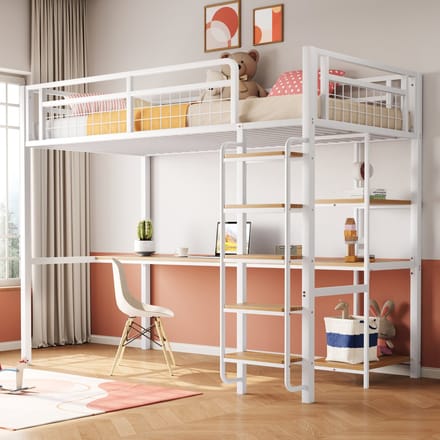 MODFU - Hoogslaper 90x200 cm – Met bureau & planken – Veiligheidsladder – Wit