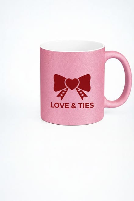 Roze Glitter Mok met Liefdes Strik & 'Love & Ties' Tekst - Romantisch Valentijn Cadeau