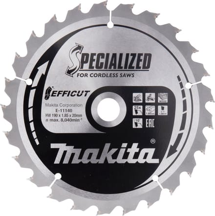 Makita EFFICUT ref.190x20x25Z E-11178 Makita E-11178 Diameter:190 mm Aantal tanden:25 Dikte:1.45 mm