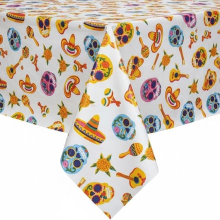 Protecttable - Mexicaans Tafelzeil Skull Wit 120x250cm - Tafelkleed Afwasbaar - Kunststof