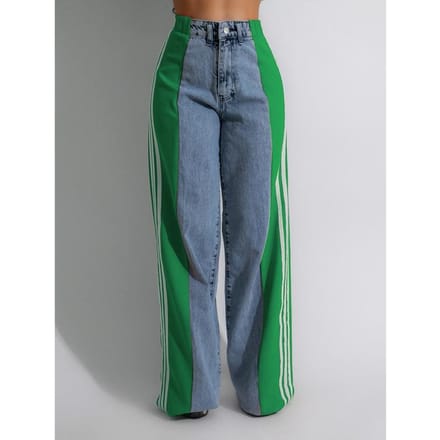 Jean Taille Haute à Cordon Élastique pour Femme, Pantalon en Denim Élastique Ample à Jambe Droite M vert
