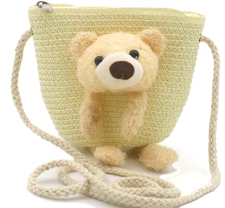 Kinder tasje - geweven - beer - beige - 12,5x14,5x5,5 cm