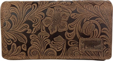 Portemonnee Dames - Portefeuille Dames - Leer - Bloemenprint - Cognac