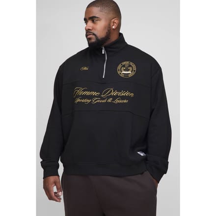 Plus Oversized Boxy Homme Quarter Zip Funnel Neck Sweatshirt | Black | Size 2XL