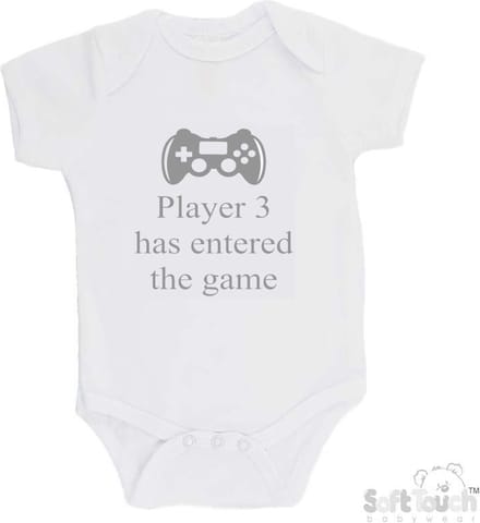 100% katoenen Romper "Player 3 has entered the game" Unisex Katoen Wit/grijs Maat 56/62