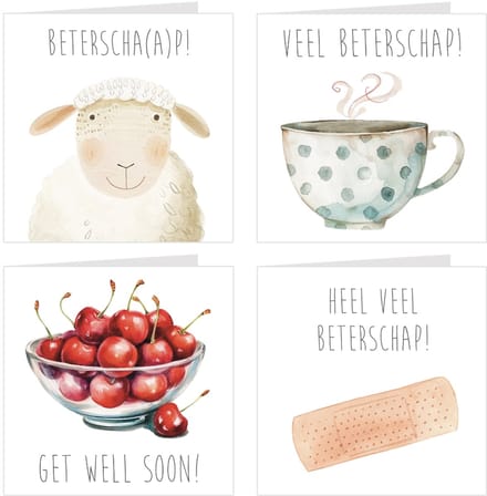 4x Beterschapskaarten / wenskaarten / set kaarten en enveloppen | Veel Beterschap