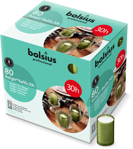 Bolsius - Relight - Olijfgroen - Navulling voor kaarshouder - 80 Stuks - 30 Branduren
