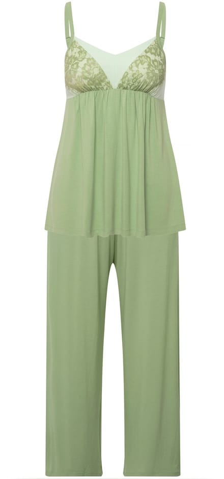 Ulla Popken - Dames - Pyjama kanten lint V-hals mouwloos - Bleekgroen - Maat 46+