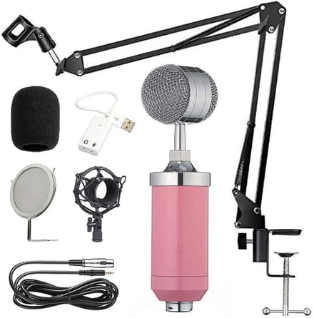 Condensator Microfoon Kit - Podcast Microfoon - Studio Opnames Maken - Cardioïde Opnamepatroon - 3.5mm Connector - Roze