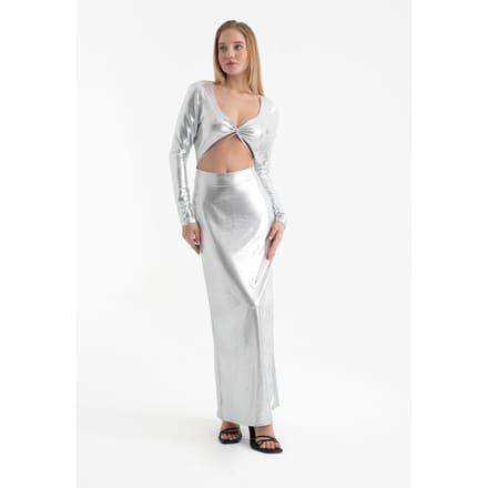 Metalen V-hals Cut Out Lange Mouwen Maxi Jurk