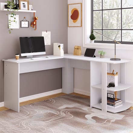Intebiki 140 cm Hoekbureau computerbureau - L-vormig computertafel met 2 planken - H75/W140/L140 cm - wit