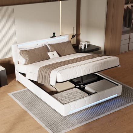 Opbergbed 140x200 Beige Linnen – met LED, USB-C & Verstelbaar Hoofdbord