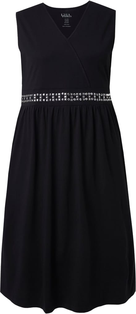 Ulla Popken - Dames - Midi-jurk borduursel wikkellook V-hals mouwloos - Zwart - Maat 62+