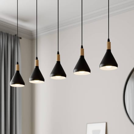 Lindby - hanglamp - 5lichts - Metaal, hout - H: 17 cm - E14 - zwart, licht hout