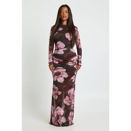 boohoo Dames Gebloemde Geplooide Mesh Maxi Jurk | Chocoladebruin | Maat: 40