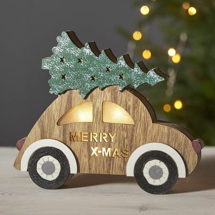 Kerstauto "Billy" 17cm -lichtkleur: Warm Wit -Werkt op batterijen -Met timer functie -Kerstdecoratie