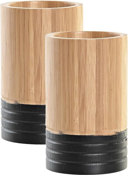 Items - 2x - Badkamer tandenborstel houder/beker - hout - beige - 7 x 11 cm