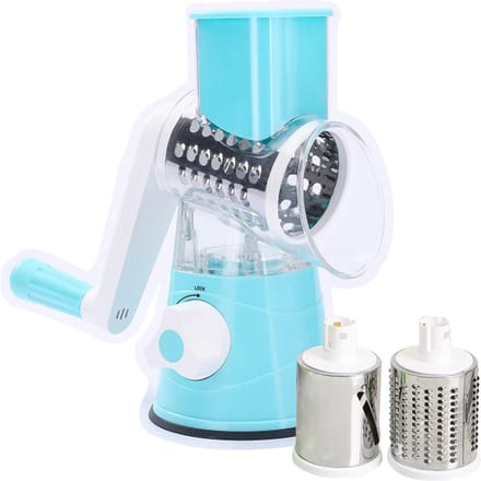 Râpe à fromage rotative manuelle avec trois lames de tambour, trancheuse rotative portative en acier inoxydable, broyeur de déchiquetage bleu