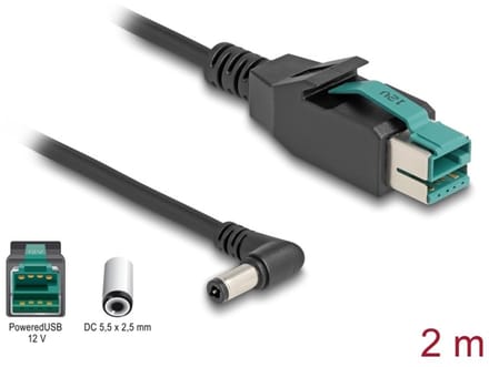 Delock 80610 USB-stroomkabel PoweredUSB 12V stekker, DC-stekker 5,5 mm 2.00 m Zwart Haakse kabeluitgang