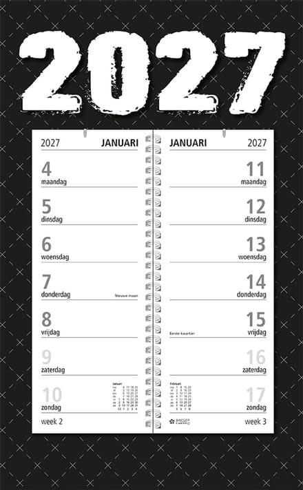 MGPcards - Omlegweekkalender 2027 - Week begint op maandag - 21 x 34 cm - Zwart